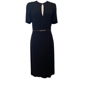 GUCCI Black Short Sleeve Keyhole Sheath Midi Dress w Leather Horsebit GUCCI Belt
